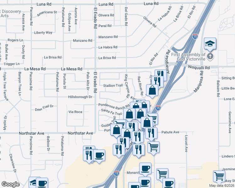 map of restaurants, bars, coffee shops, grocery stores, and more near 12734 Trotters Lane in Victorville
