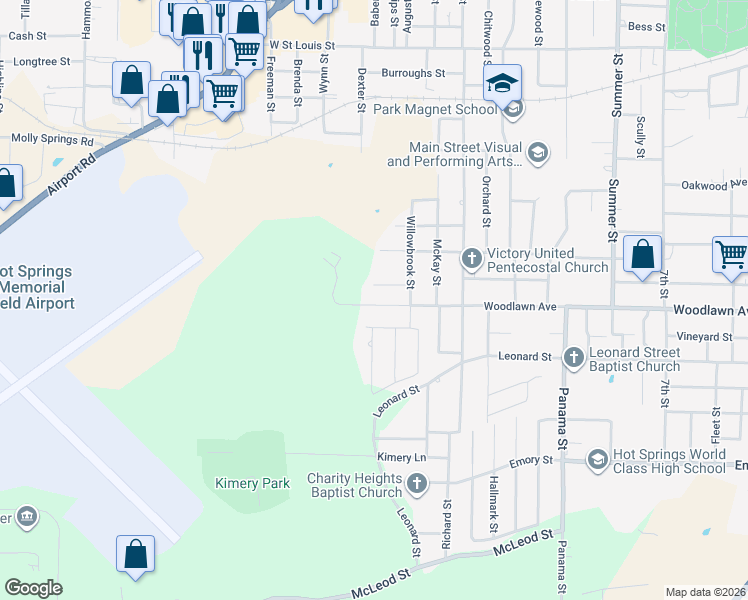 map of restaurants, bars, coffee shops, grocery stores, and more near 1018 Woodlawn Avenue in Hot Springs