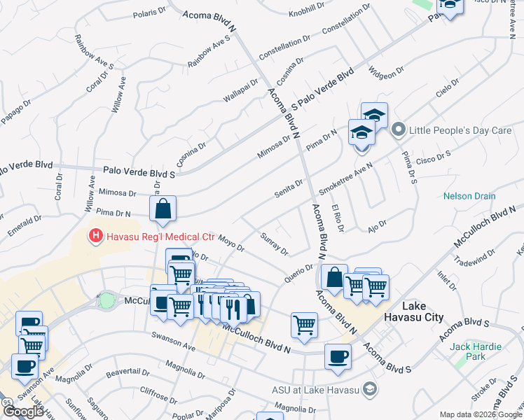 map of restaurants, bars, coffee shops, grocery stores, and more near 2140 Senita Dr in Lake Havasu City