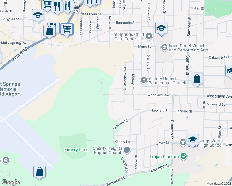 map of restaurants, bars, coffee shops, grocery stores, and more near 1018 Woodlawn Avenue in Hot Springs