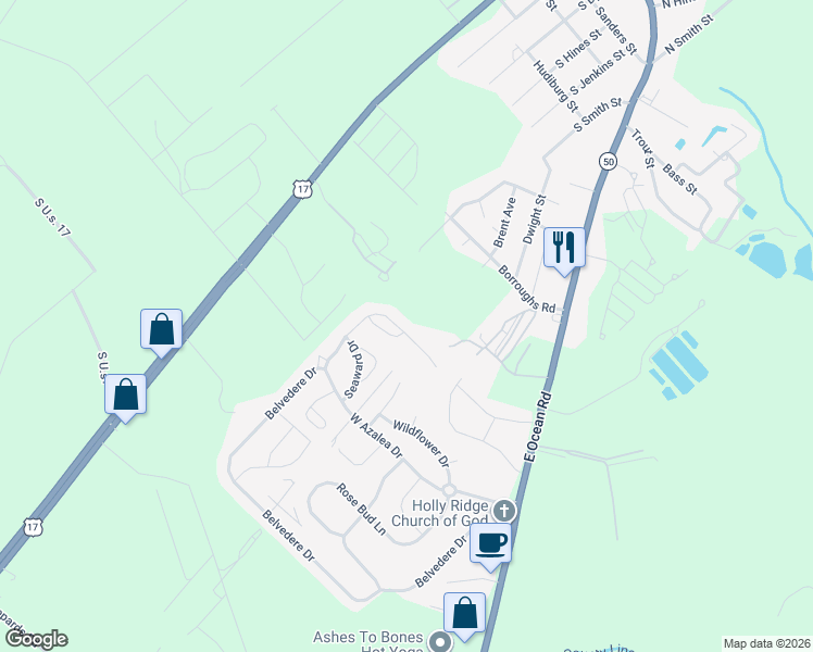 map of restaurants, bars, coffee shops, grocery stores, and more near 439 Belvedere Drive in Holly Ridge