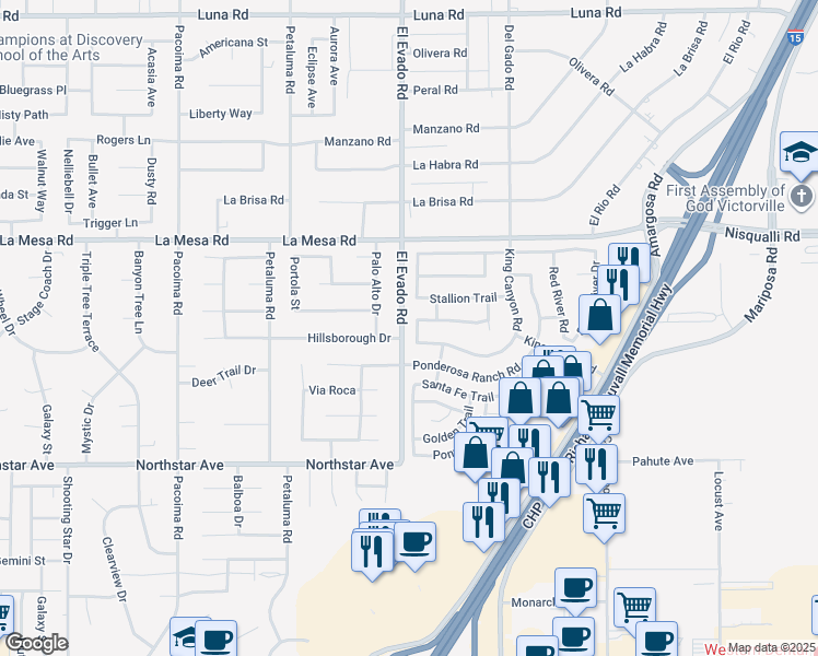map of restaurants, bars, coffee shops, grocery stores, and more near 14518 Thornhurst Drive in Victorville