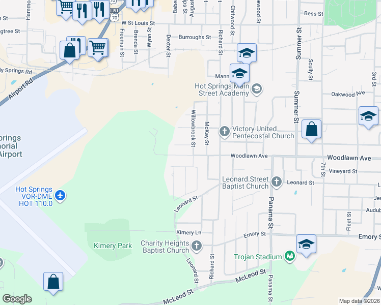 map of restaurants, bars, coffee shops, grocery stores, and more near 1010 Woodlawn Avenue in Hot Springs