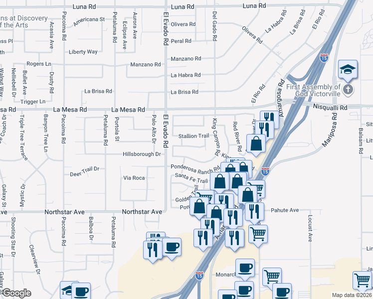 map of restaurants, bars, coffee shops, grocery stores, and more near 14581 Oak Branch Rd in Victorville