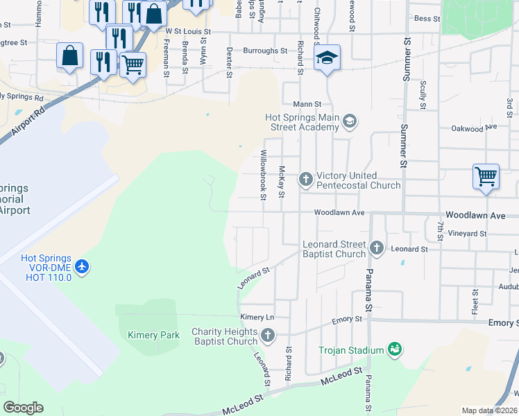 map of restaurants, bars, coffee shops, grocery stores, and more near 1010 Woodlawn Avenue in Hot Springs