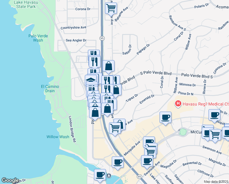 map of restaurants, bars, coffee shops, grocery stores, and more near 255-275 North Lake Havasu Avenue in Lake Havasu City