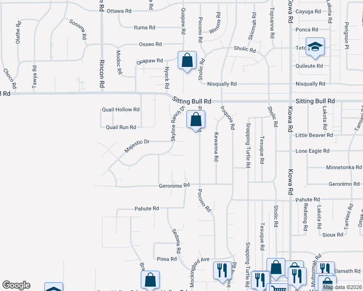 map of restaurants, bars, coffee shops, grocery stores, and more near 20431 Majestic Drive in Apple Valley