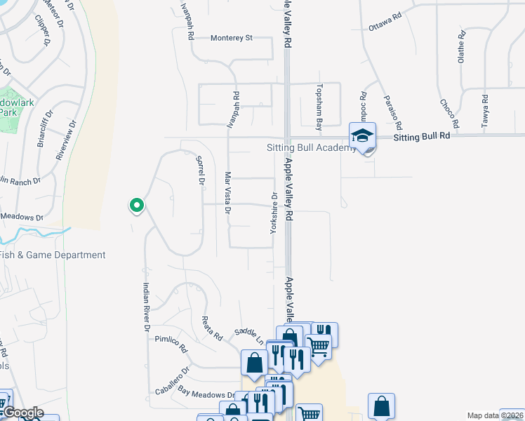 map of restaurants, bars, coffee shops, grocery stores, and more near 19209 Catalina Road in Apple Valley