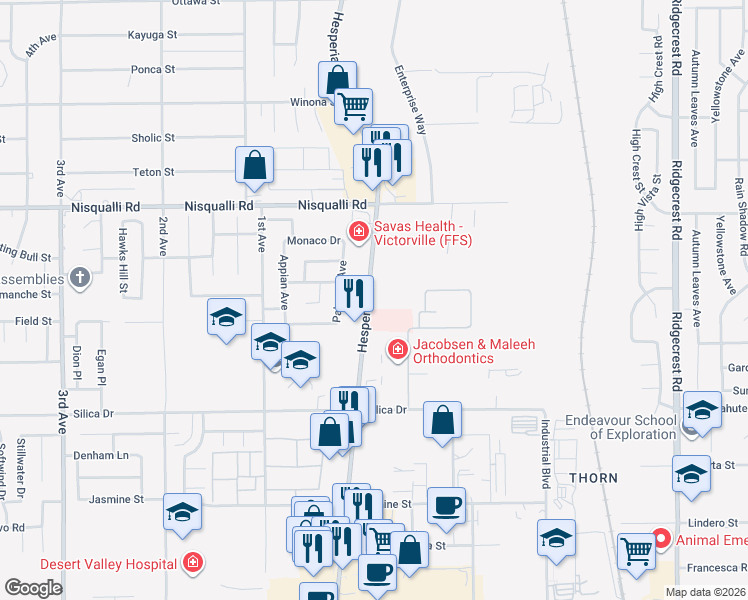 map of restaurants, bars, coffee shops, grocery stores, and more near 12601 Hesperia Road in Victorville