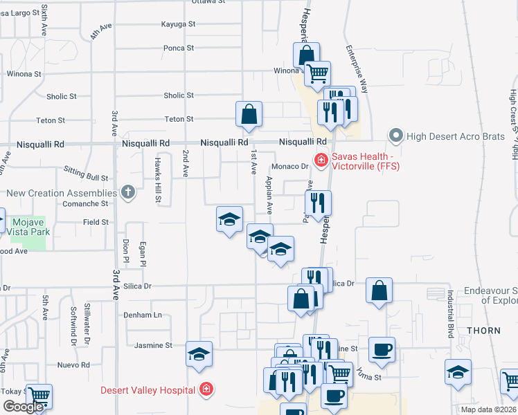 map of restaurants, bars, coffee shops, grocery stores, and more near 16855 Hidden Creek Drive in Victorville