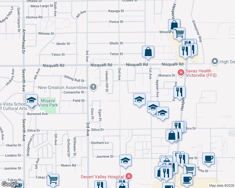 map of restaurants, bars, coffee shops, grocery stores, and more near 16667 Indian Summer Street in Victorville