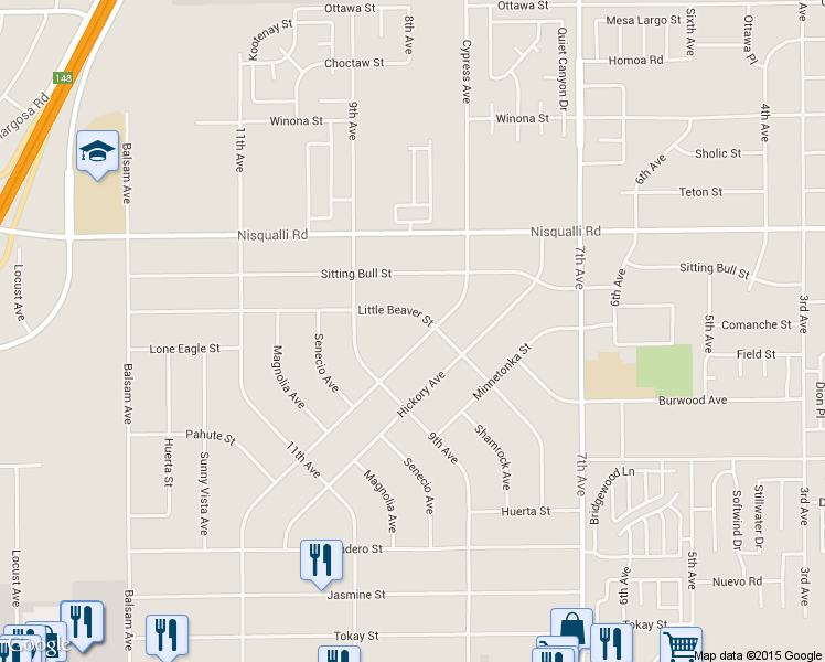 map of restaurants, bars, coffee shops, grocery stores, and more near 12698 Cypress Avenue in Victorville