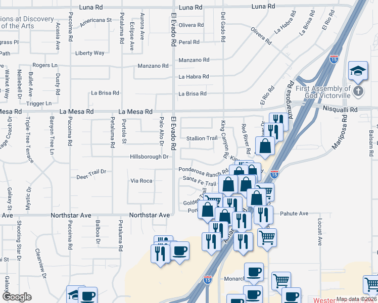 map of restaurants, bars, coffee shops, grocery stores, and more near 14581 Oak Branch Road in Victorville
