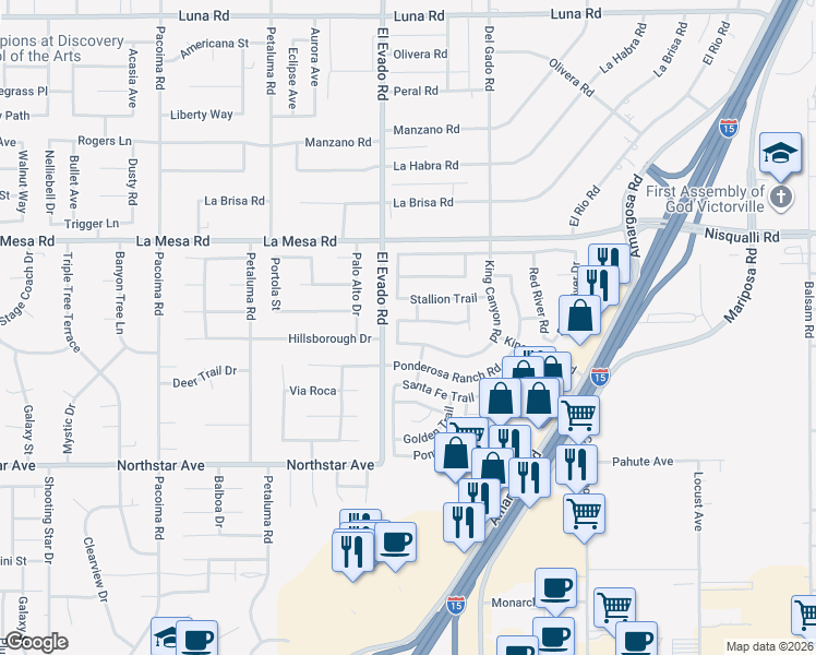 map of restaurants, bars, coffee shops, grocery stores, and more near 14518 Thornhurst Drive in Victorville