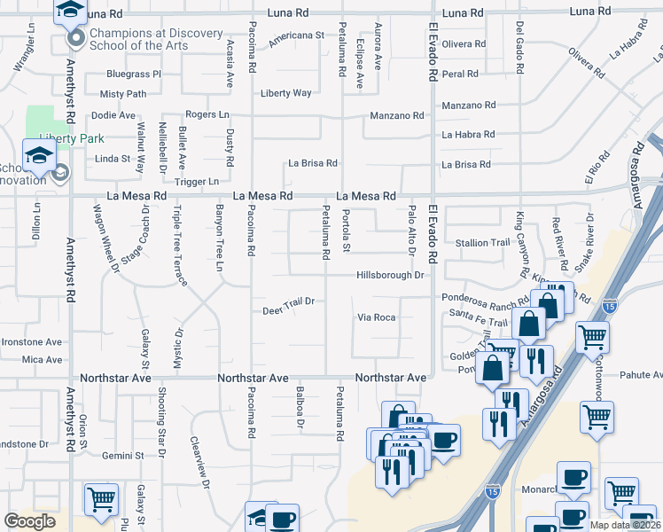 map of restaurants, bars, coffee shops, grocery stores, and more near 14310 Hillsborough Drive in Victorville