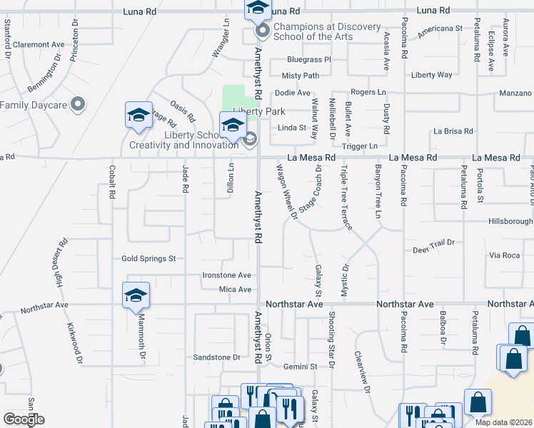 map of restaurants, bars, coffee shops, grocery stores, and more near 12735 Amethyst Road in Victorville