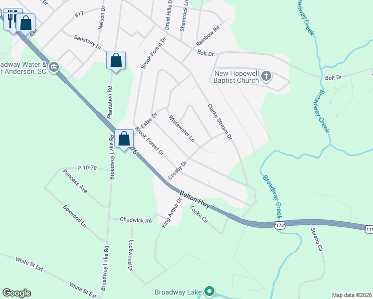 map of restaurants, bars, coffee shops, grocery stores, and more near 323 Ponce DeLeon Drive in Anderson