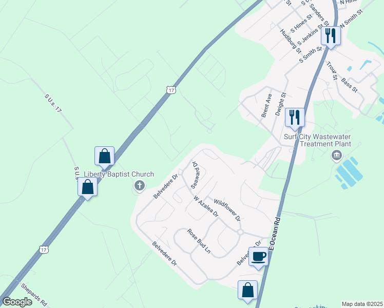map of restaurants, bars, coffee shops, grocery stores, and more near 413 Belvedere Drive in Holly Ridge