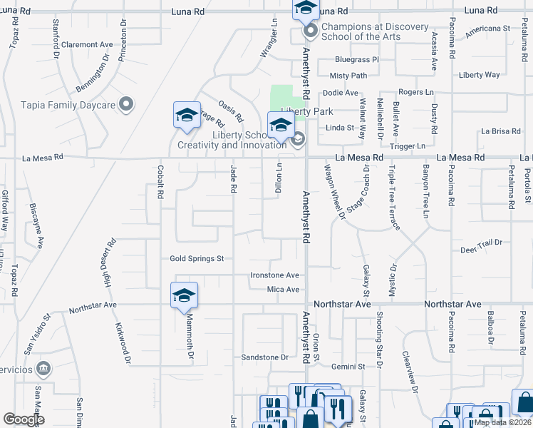 map of restaurants, bars, coffee shops, grocery stores, and more near 12745 Sundown Road in Victorville