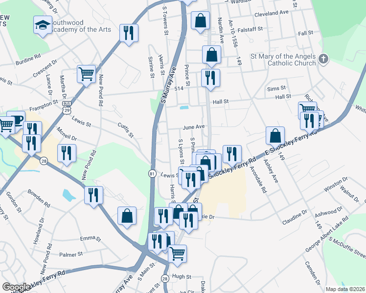 map of restaurants, bars, coffee shops, grocery stores, and more near 43 South Lyons Street in Anderson