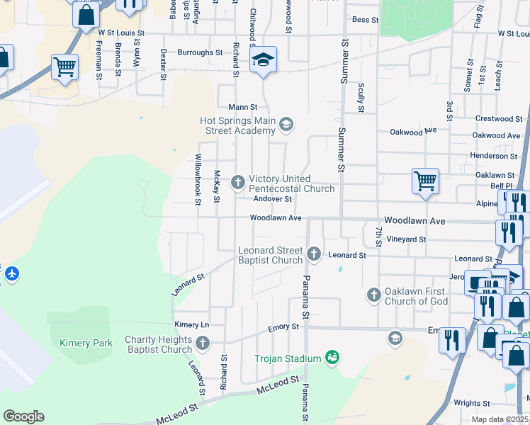 map of restaurants, bars, coffee shops, grocery stores, and more near 800 Woodlawn Avenue in Hot Springs