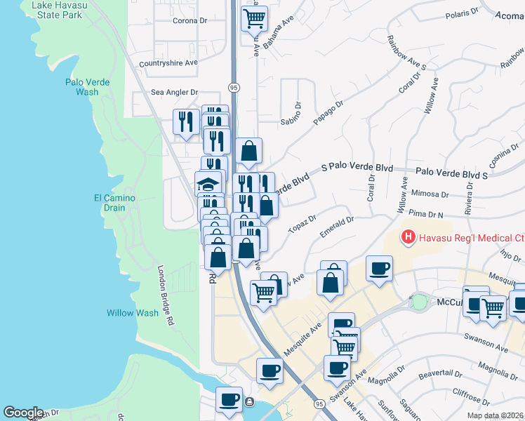 map of restaurants, bars, coffee shops, grocery stores, and more near 255-275 North Lake Havasu Avenue in Lake Havasu City