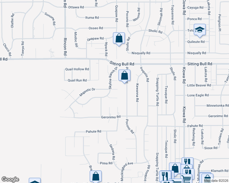 map of restaurants, bars, coffee shops, grocery stores, and more near 20431 Majestic Drive in Apple Valley