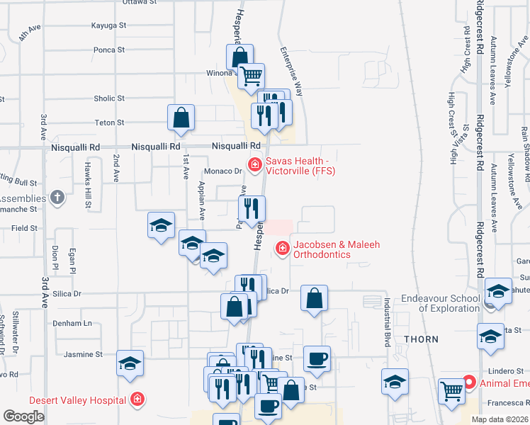 map of restaurants, bars, coffee shops, grocery stores, and more near 12601 Hesperia Road in Victorville