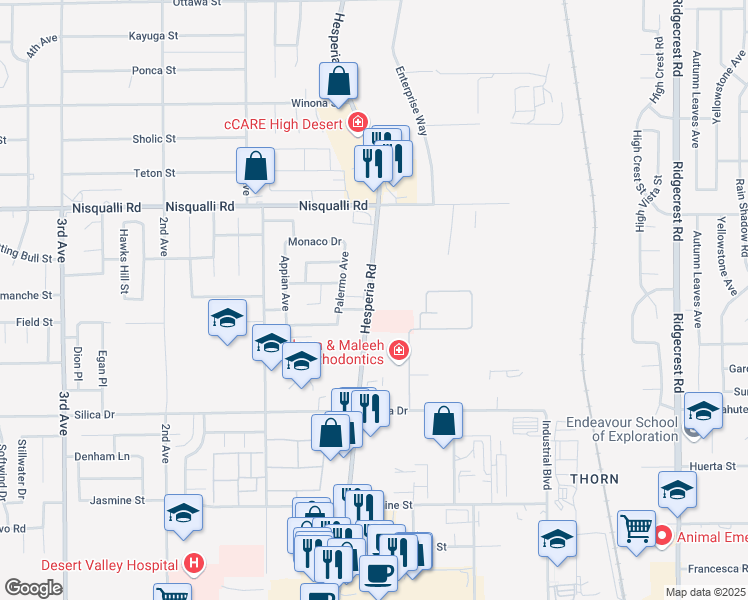 map of restaurants, bars, coffee shops, grocery stores, and more near Hesperia Road in Victorville