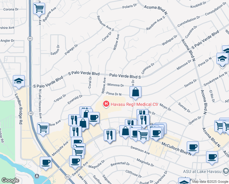 map of restaurants, bars, coffee shops, grocery stores, and more near 1929 Pima Drive North in Lake Havasu City