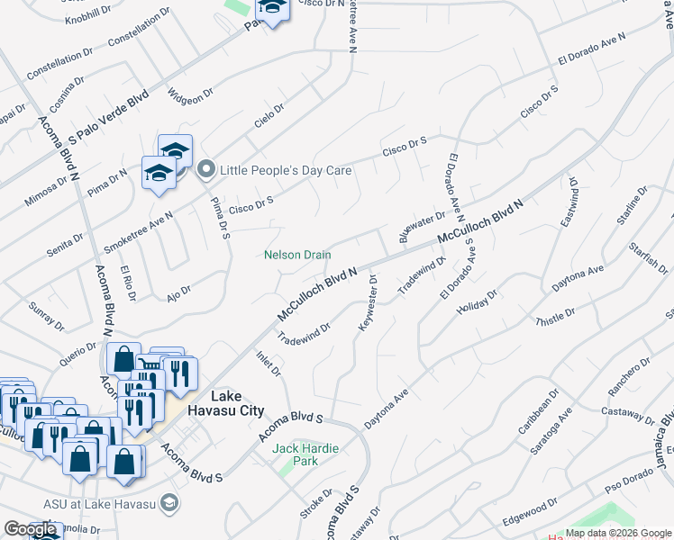map of restaurants, bars, coffee shops, grocery stores, and more near 2591 McCulloch Boulevard North in Lake Havasu City