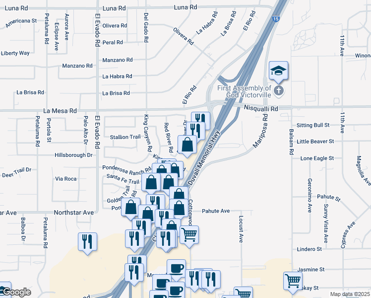 map of restaurants, bars, coffee shops, grocery stores, and more near 12741 Snake River Drive in Victorville