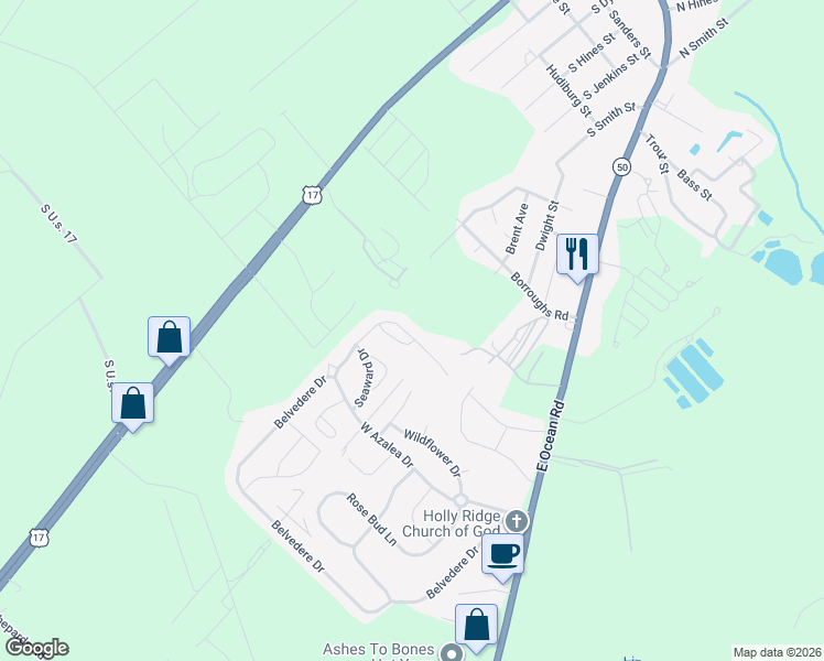 map of restaurants, bars, coffee shops, grocery stores, and more near 439 Belvedere Drive in Holly Ridge