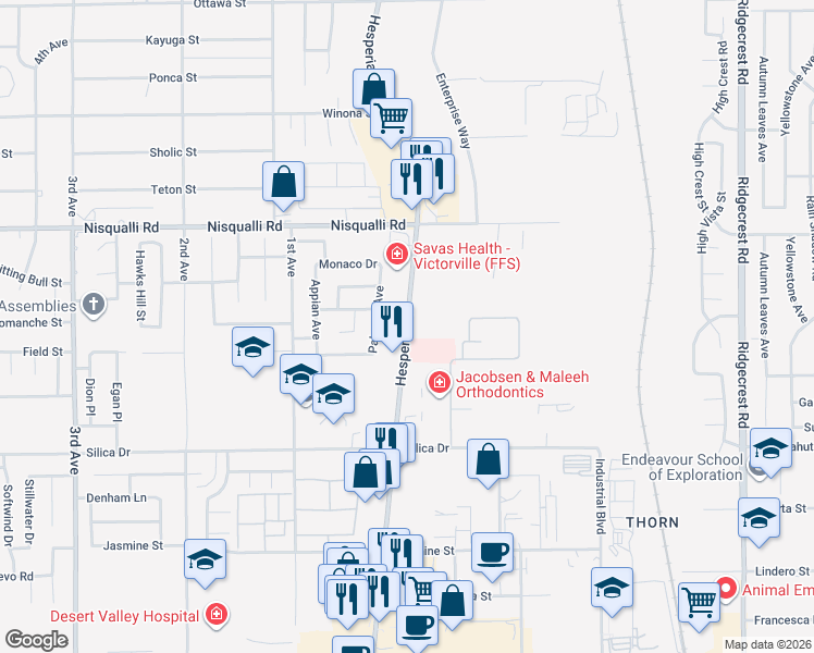 map of restaurants, bars, coffee shops, grocery stores, and more near 12601 Hesperia Road in Victorville