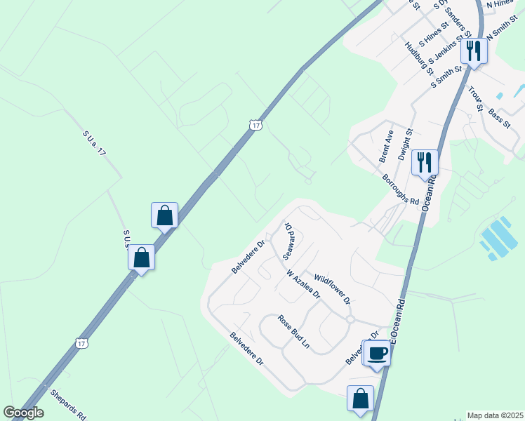 map of restaurants, bars, coffee shops, grocery stores, and more near 218 New Home Place in Surf City