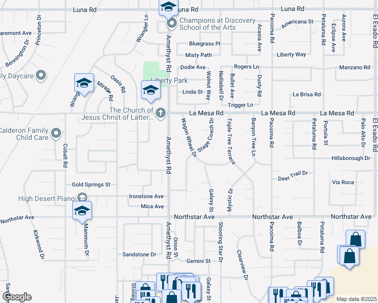 map of restaurants, bars, coffee shops, grocery stores, and more near 12740 Stage Coach Drive in Victorville