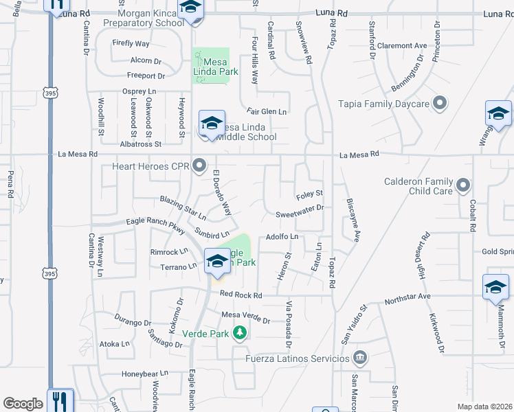 map of restaurants, bars, coffee shops, grocery stores, and more near 12671 Shorewood Lane in Victorville