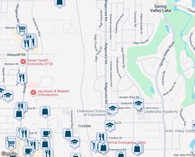 map of restaurants, bars, coffee shops, grocery stores, and more near Park Glen Street in Victorville