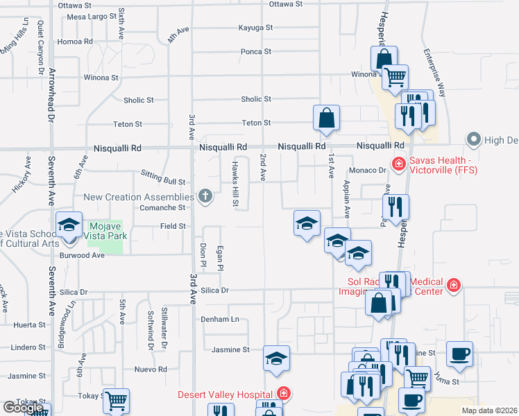map of restaurants, bars, coffee shops, grocery stores, and more near 12722 2nd Street in Victorville