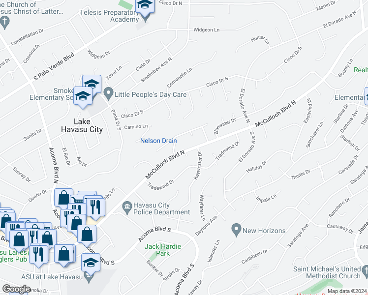 map of restaurants, bars, coffee shops, grocery stores, and more near 2591 McCulloch Boulevard North in Lake Havasu City