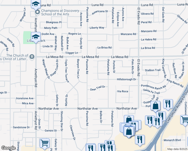 map of restaurants, bars, coffee shops, grocery stores, and more near 14170 Hillsborough Drive in Victorville