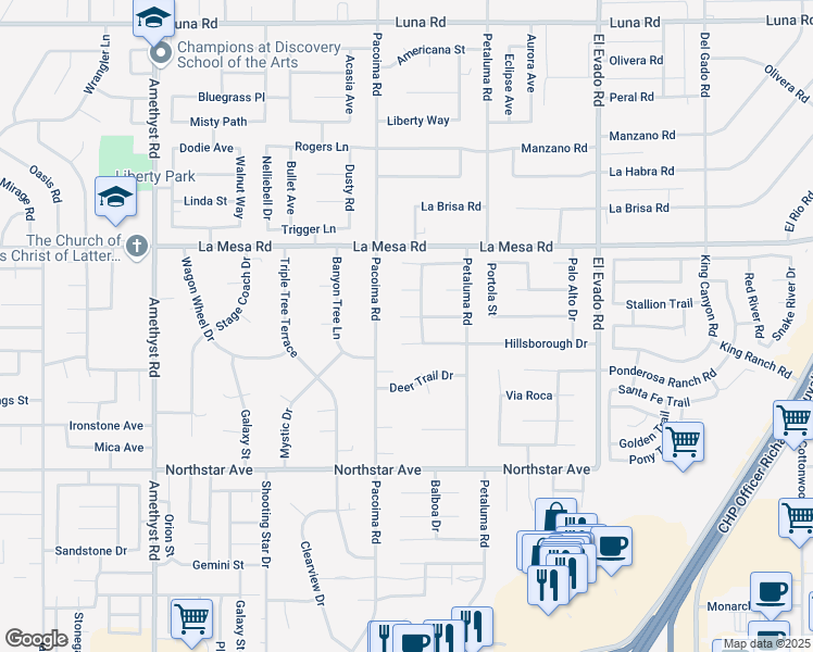 map of restaurants, bars, coffee shops, grocery stores, and more near 14170 Hillsborough Drive in Victorville