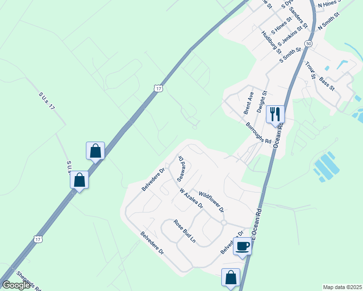 map of restaurants, bars, coffee shops, grocery stores, and more near 417 Belvedere Drive in Holly Ridge
