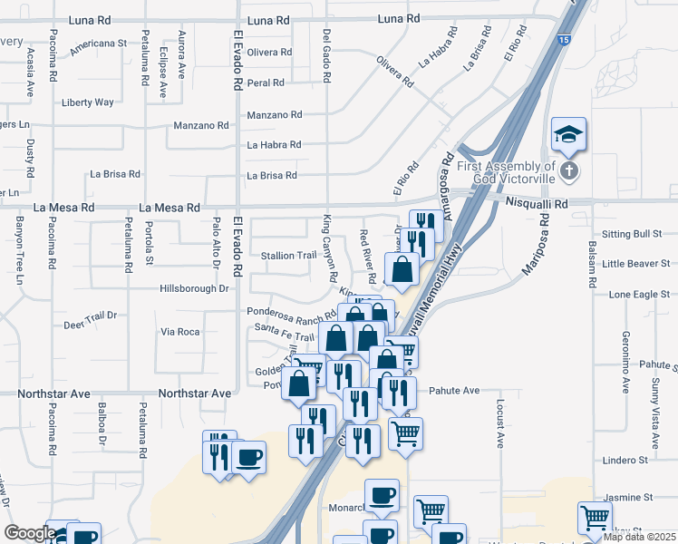 map of restaurants, bars, coffee shops, grocery stores, and more near 12725 King Canyon Road in Victorville