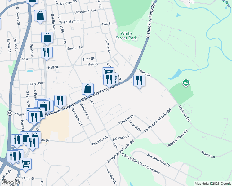 map of restaurants, bars, coffee shops, grocery stores, and more near 324 East Shockley Ferry Road in Anderson