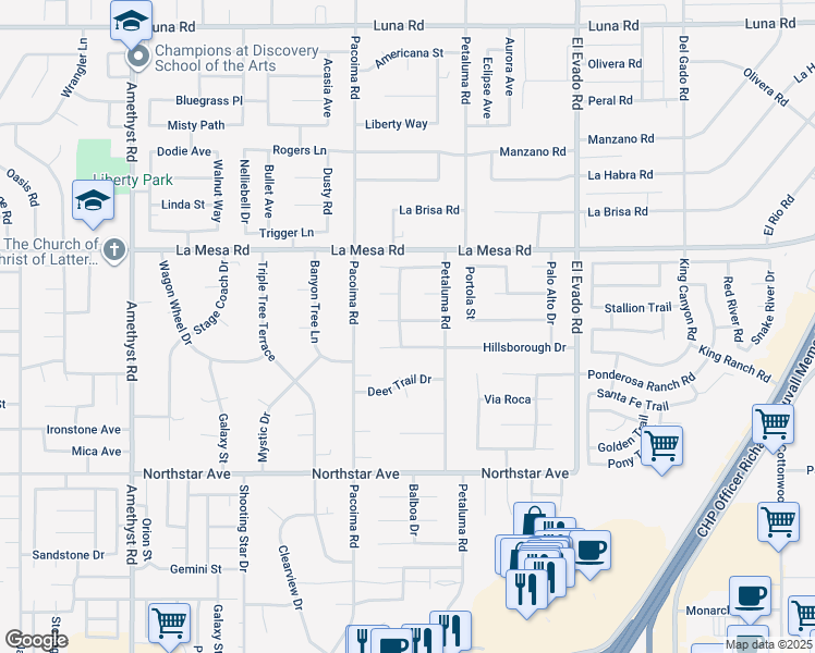 map of restaurants, bars, coffee shops, grocery stores, and more near 12761 Paso Robles Drive in Victorville