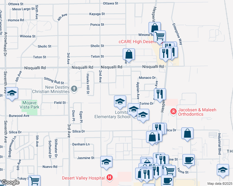 map of restaurants, bars, coffee shops, grocery stores, and more near 16797 Hidden Creek Drive in Victorville