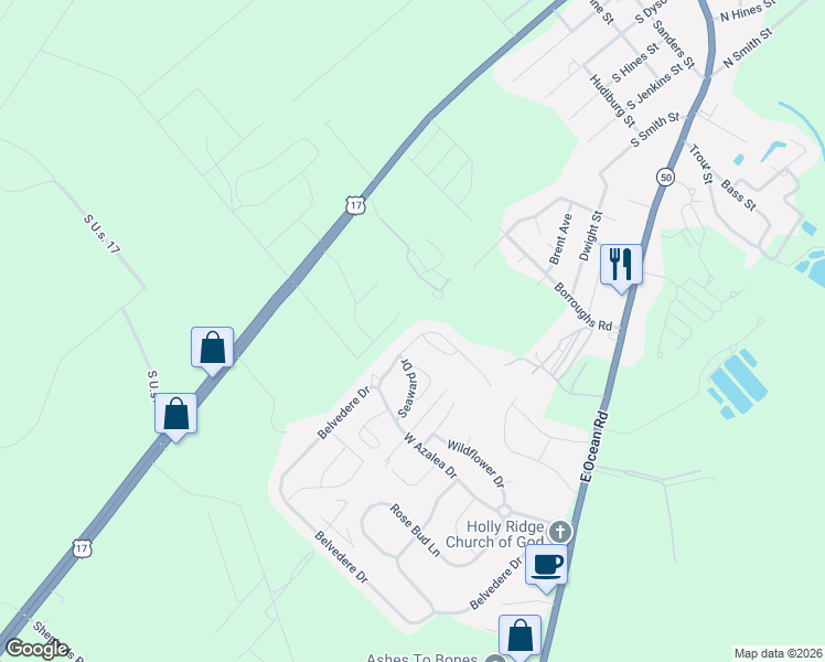 map of restaurants, bars, coffee shops, grocery stores, and more near 419 Belvedere Drive in Holly Ridge