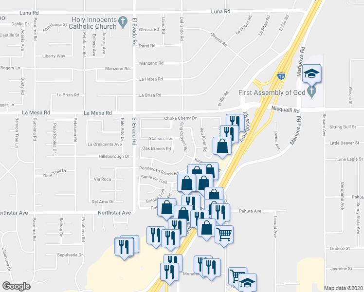 map of restaurants, bars, coffee shops, grocery stores, and more near 12760 King Canyon Road in Victorville