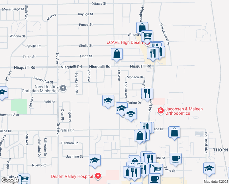 map of restaurants, bars, coffee shops, grocery stores, and more near 16850 Hidden Creek Drive in Victorville